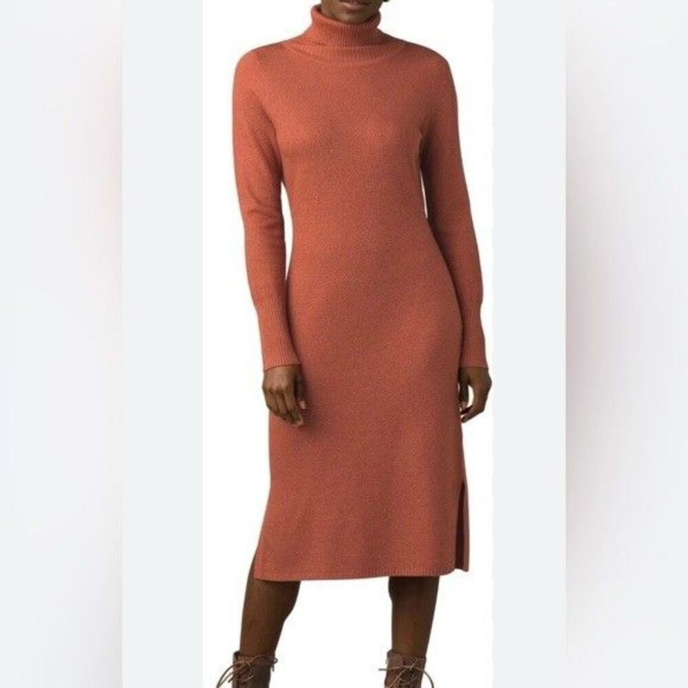 PrAna Rust Textured Knit Turtleneck Long Sleeve Sweater Dress Womens M Orange